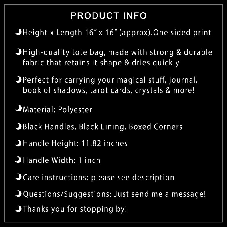 May include: Black tote bag with black handles and black lining. The bag is made of polyester and measures 16 inches by 16 inches. It has a one-sided print.