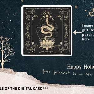 May include: A digital gift card with a black background and gold accents. The card features a snake wrapped around a lotus flower with a geometric design. The text "Own Your Power" is at the bottom of the card. The card is surrounded by a white border.