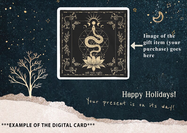 May include: A digital gift card with a black background and gold accents. The card features a snake wrapped around a lotus flower with a geometric design. The text "Own Your Power" is at the bottom of the card. The card is surrounded by a white border.