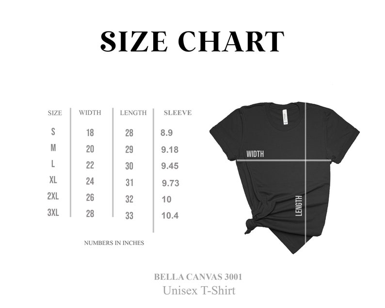 Pu&ograve; includere: Tabella delle taglie per una t-shirt unisex, che mostra le misure in pollici per larghezza, lunghezza e lunghezza della manica per le taglie S, M, L, XL, 2XL e 3XL. La tabella include anche un diagramma di una t-shirt con etichette per larghezza e lunghezza.