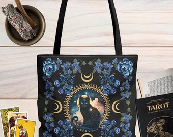 Cottagecore Witch Bag, Cottagecore Tote Bag, Whimsy Goth Bag, Floral Tote Bag, Botanical Bag, Witch Bag, Witchy Bag, Mystical Cat Tote