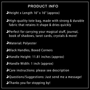 May include: Product information graphic for a tote bag. The bag is 40.6 x 40.6 cm, made of polyester, with black handles and boxed corners. Handle height is approximately 30 cm, and handle width is approximately 2.5 cm.