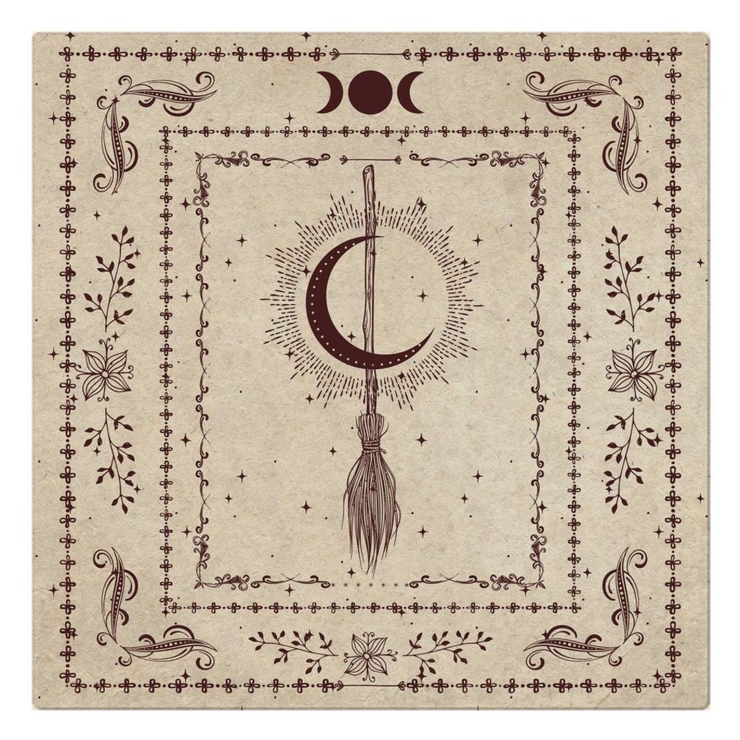 Telo Altare Wiccan Tarocchi 45x45 Cm – Sacro Tessuto In Cotone Con Simboli Geometrici E Lunari, Frange Oro/Argento - 5