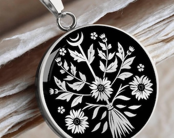 Witch Broom Floral Necklace, Witchy Jewelry, Witch Jewelry, Witchcraft Pendant with Necklace, Witchy Charms, Wiccan Necklace, Pagan Necklace