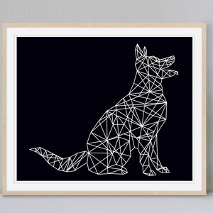 May include: A black and white geometric illustration of a dog sitting with its mouth open. The dog is made up of triangles and lines.