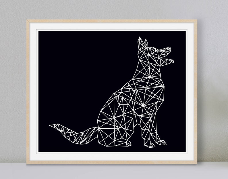 May include: A black and white geometric illustration of a dog sitting with its mouth open. The dog is made up of triangles and lines.