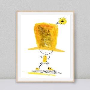 Whimsical Wall Art Print, Cute Little Girl in Big Yellow Hat, Girls Room Wall Decor, Baby Girl Room Wall Art, Instant Digital Download Art