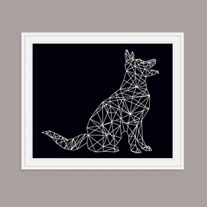 May include: A black and white geometric illustration of a dog sitting with its head tilted up. The dog is made up of a series of connected lines that form a triangular pattern.
