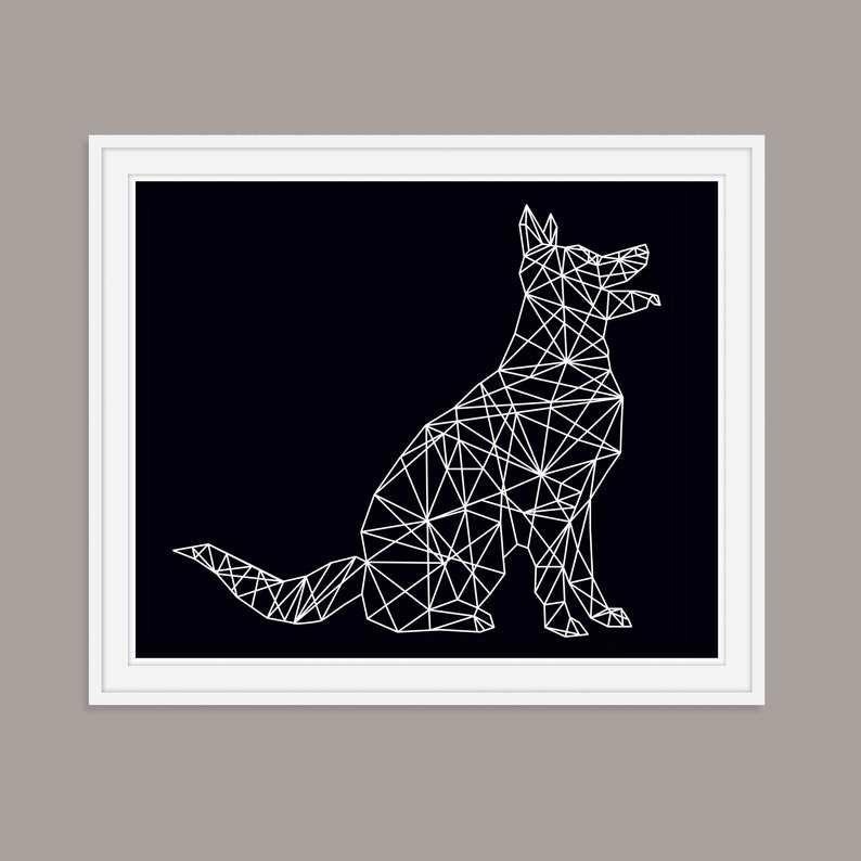May include: A black and white geometric illustration of a dog sitting with its head tilted up. The dog is made up of a series of connected lines that form a triangular pattern.