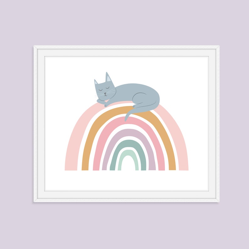 Whimsical Cat Art, Rainbow Art Print, Girls Bedroom Art, Nursery Wall Art, Cat Rainbow Art, Animal Art Print, Kids Room Art image 5