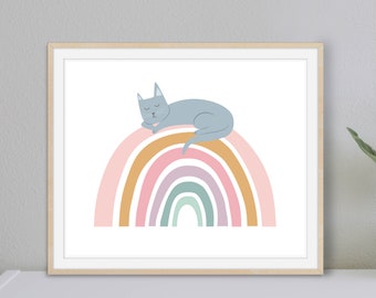 Whimsical Cat and Rainbow Art Print