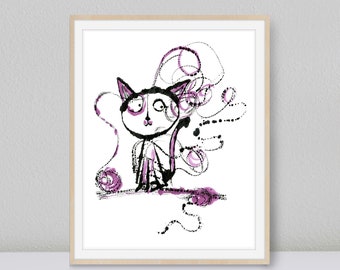 Funny Cat Art, Digital Download Printable Wall Art, Whimsical Animal Print, Kids Room Art