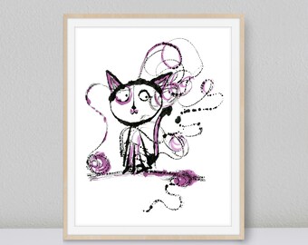 Funny Cat Art, Digital Download Printable Wall Art, Whimsical Animal Print, Kids Room Art