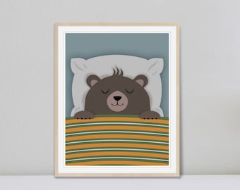 Cute Bear Art, Digital Download Whimsical Sleeping Baby Bear Print, Nursery Wall Art,  Kids Room Art, Woodland Animal Art Print