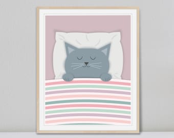 Cute Sleeping Kitty Cat Digital Download Printable Wall Art, Girls Nursery Animal Print, Kids Room Decor