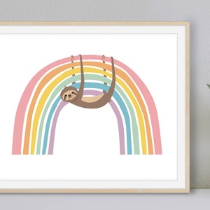 Whimsical Sloth and Rainbow Art Print, Digital Download Nursery Wall Art, Child's Room Decor
