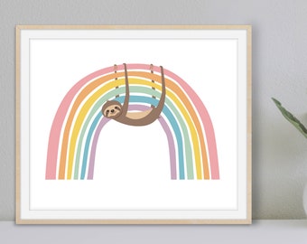 Whimsical Sloth and Rainbow Art Print, Digital Download Nursery Wall Art, Child's Room Decor