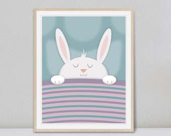 Cute Bunny Nursery Wall Art, Sleeping Baby Rabbit Art Print, Whimsical Animal Art, Kids Room Wall Art, Baby Room Art