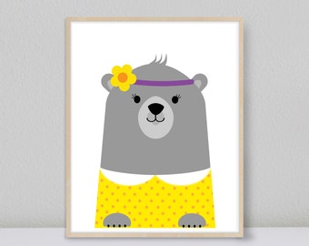 Whimsical Bear Art, Nursery Wall Art,  Baby Girl Wall Art, Girl's Bedroom Art, Animal Art Print, Whimsical Kids Room Art