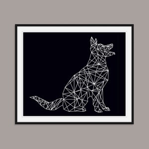 May include: A black and white geometric illustration of a dog sitting on a black background. The dog is made up of triangles and lines.