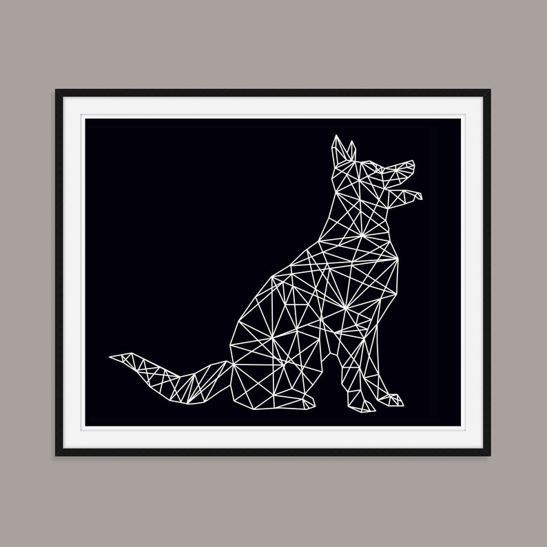 May include: A black and white geometric illustration of a dog sitting on a black background. The dog is made up of triangles and lines.