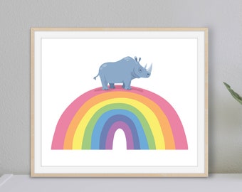 Whimsical Rhino Art Print, Rhino On A Rainbow Printable Art, Nursery Wall Decor, Kids Room Art, Juvenile Animal Art