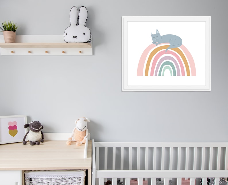 Whimsical Cat Art, Rainbow Art Print, Girls Bedroom Art, Nursery Wall Art, Cat Rainbow Art, Animal Art Print, Kids Room Art image 6