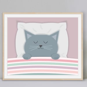 Napping Kitty Digital Download, Nursery Wall Art, Girls Room Animal Print, Childs Room Decor