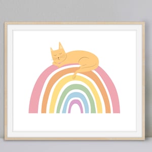 Whimsical Cat Art,  Rainbow Digital Art, Nursery Art, Whimsical Animal Art, Kids Room Art, Digital Download Art