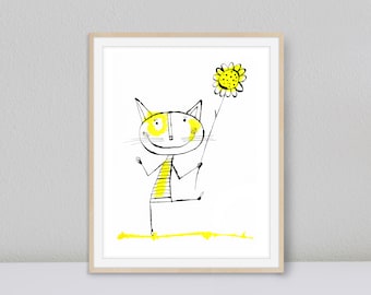 Whimsical Cat Art, Printable Cat Wall Art, Digital Download Nursery Art Print, Whimsical Kids Room Art, Flower Art