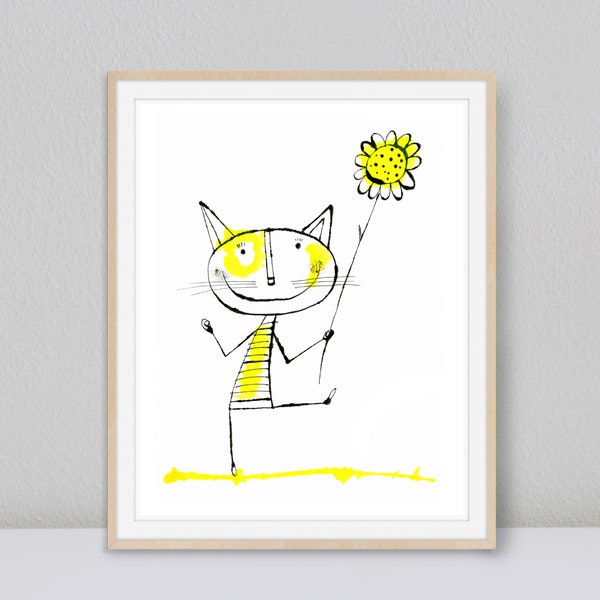 Whimsical Cat Art, Printable Cat Wall Art, Digital Download Nursery Art Print, Whimsical Kids Room Art, Flower Art