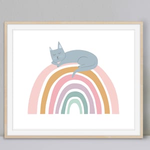 Whimsical Cat Art, Rainbow Art Print, Girls Bedroom Art, Nursery Wall Art, Cat Rainbow Art, Animal Art Print, Kids Room Art image 1