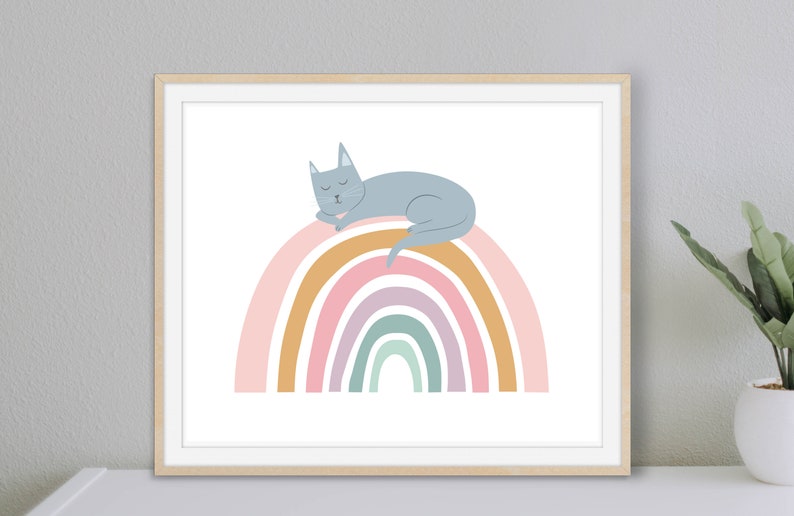 Whimsical Cat Art, Rainbow Art Print, Girls Bedroom Art, Nursery Wall Art, Cat Rainbow Art, Animal Art Print, Kids Room Art image 1