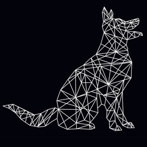 May include: A white geometric line drawing of a dog sitting on a black background.