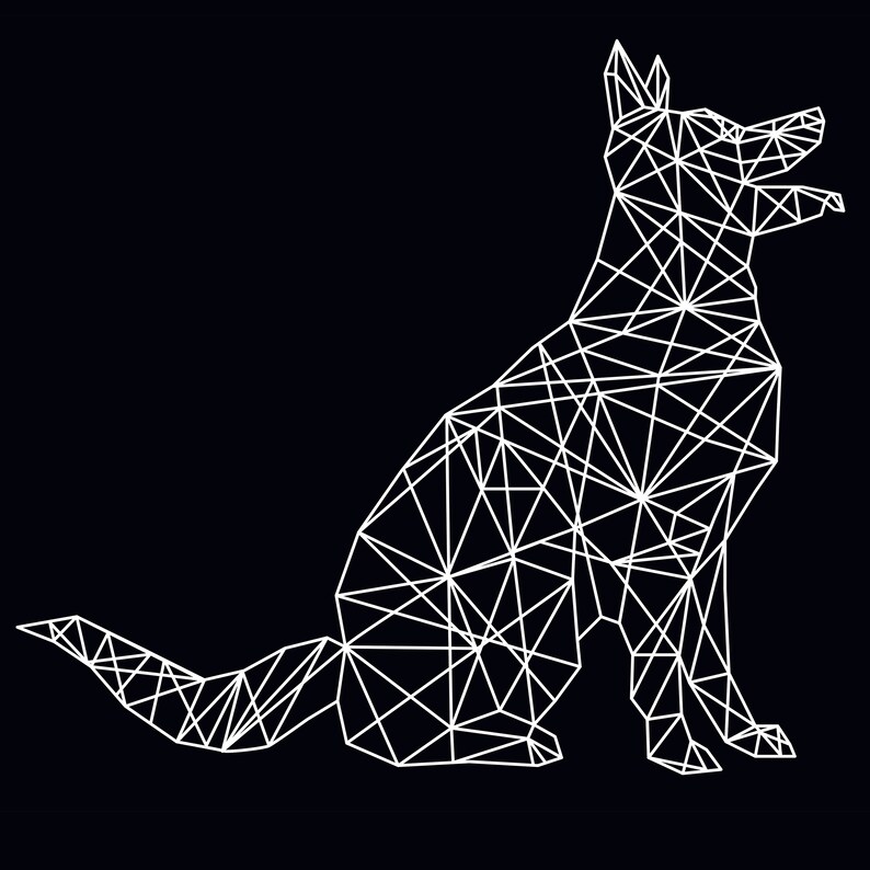 May include: A white geometric line drawing of a dog sitting on a black background.