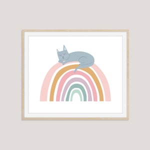 Whimsical Cat Art, Rainbow Art Print, Girls Bedroom Art, Nursery Wall Art, Cat Rainbow Art, Animal Art Print, Kids Room Art image 2