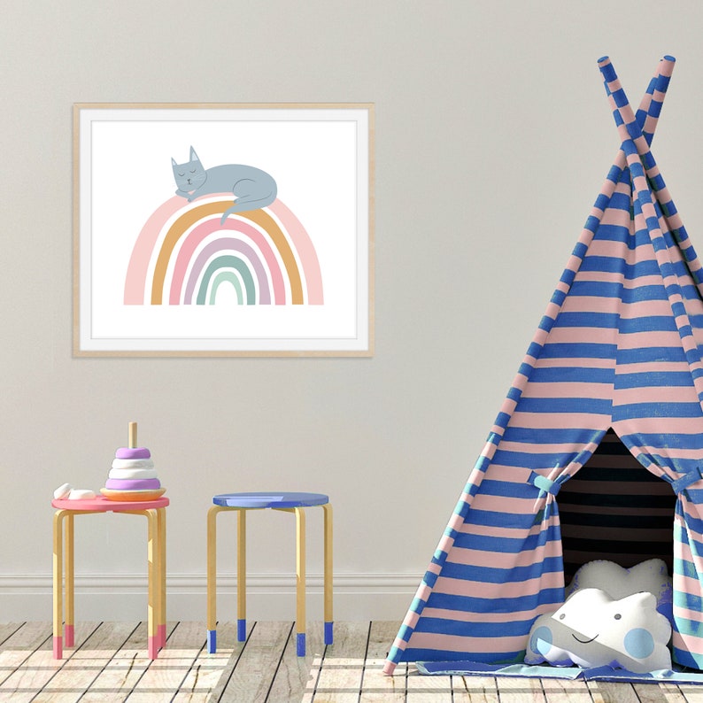 Whimsical Cat Art, Rainbow Art Print, Girls Bedroom Art, Nursery Wall Art, Cat Rainbow Art, Animal Art Print, Kids Room Art image 4