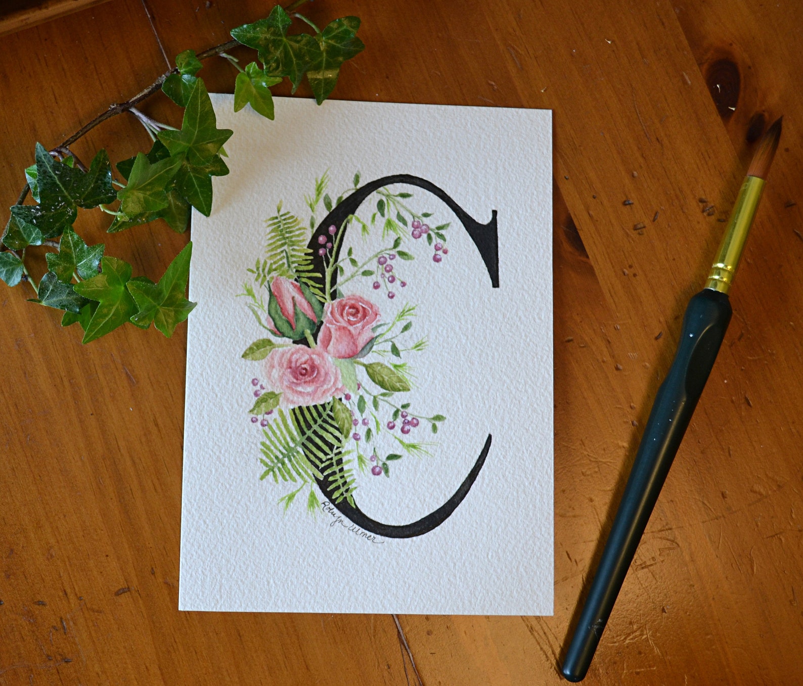 Decorative Letter C Rose Art, Calligraphy Art, Watercolor Calligraphy Art, Watercolor Painting ...