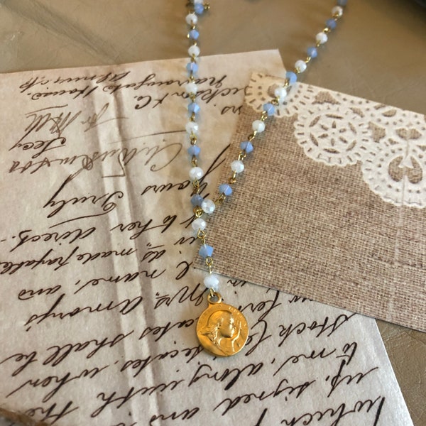 Mary Magdalene + Marie Madeleine + blue and white glass beads + rosary necklace + Catholic + coquette aesthetic