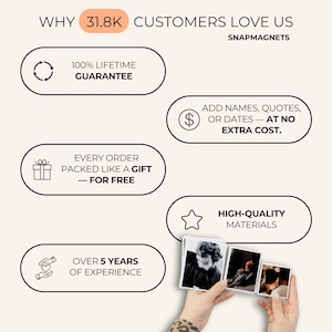 The image is a collage of text and images that explain why customers love Snap magnets. It features a hand holding a set of Snap magnets, and the text highlights the benefits of Snap magnets, such as their 100% lifetime guarantee, the ability to add names, quotes, or dates, and the free gift included with every order. The image also emphasizes the high-quality materials used in the magnets and the over 5 years of experience of the Snap magnet manufacturer.