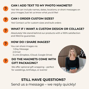 a woman sitting in front of a wooden wall, with a question about adding text to a photo magnet.