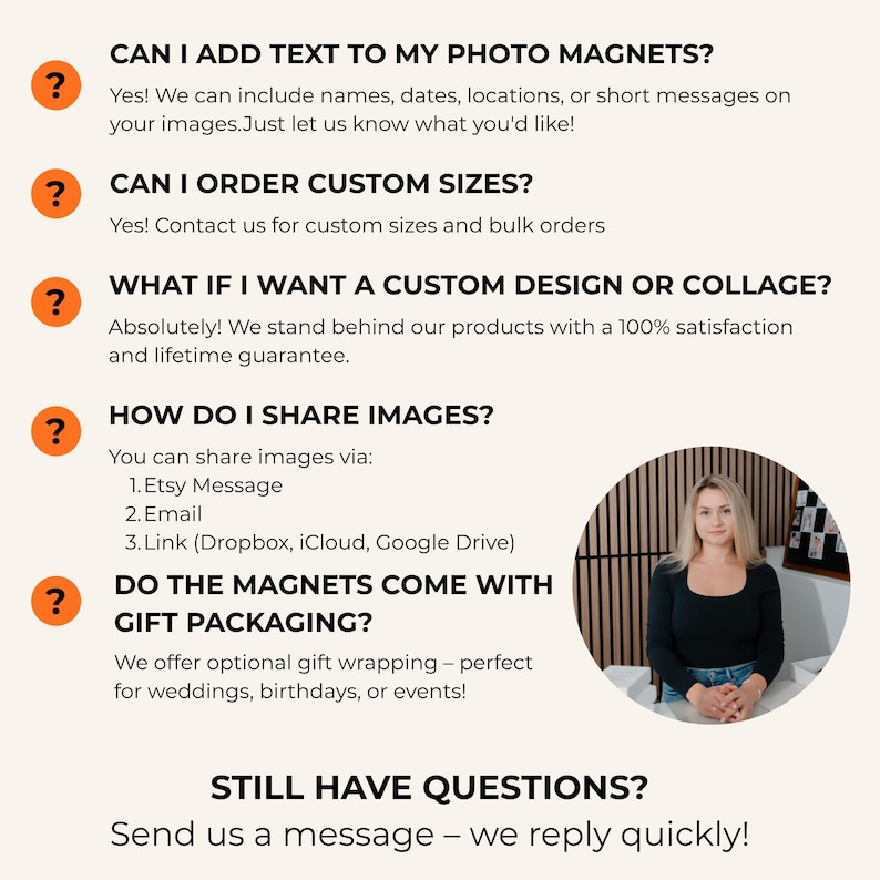 a woman sitting in front of a wooden wall, with a question about adding text to a photo magnet.