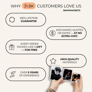 The image is a collage of text and images that explain why customers love Snap magnets. It features a hand holding a set of Snap magnets, and the text highlights the benefits of Snap magnets, such as their 100% lifetime guarantee, the ability to add names, quotes, or dates, and the free gift included with every order. The image also emphasizes the high-quality materials used in the magnets and the over 5 years of experience of the Snap magnet manufacturer.