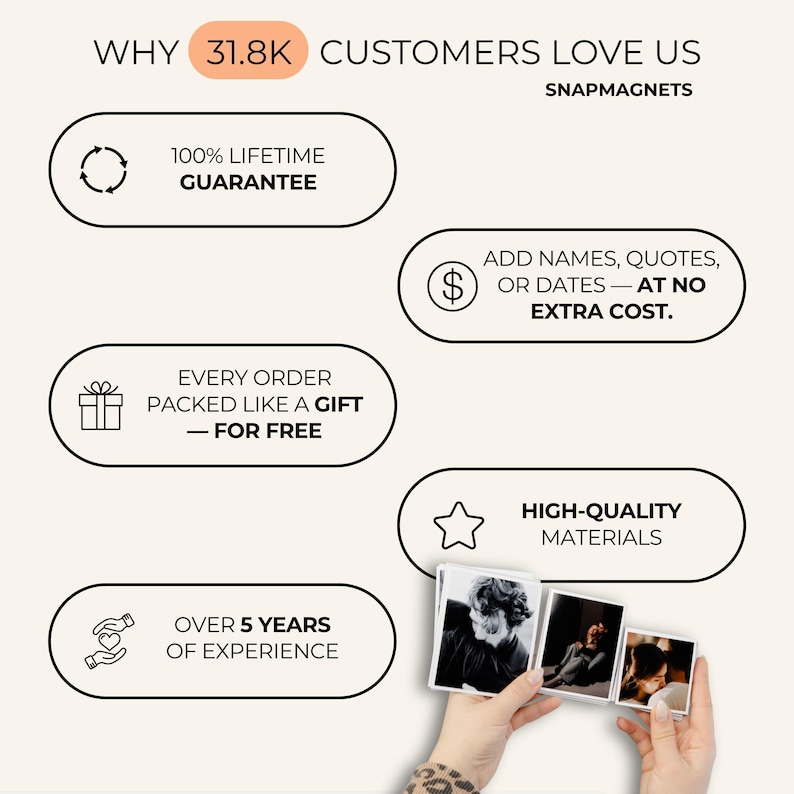The image is a collage of text and images that explain why customers love Snap magnets. It features a hand holding a set of Snap magnets, and the text highlights the benefits of Snap magnets, such as their 100% lifetime guarantee, the ability to add names, quotes, or dates, and the free gift included with every order. The image also emphasizes the high-quality materials used in the magnets and the over 5 years of experience of the Snap magnet manufacturer.