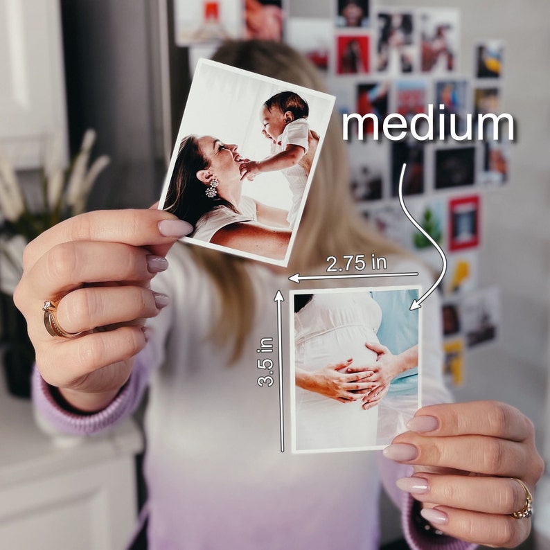 An assortment of small, medium, and large custom photo magnets with different personal images, showcasing size options