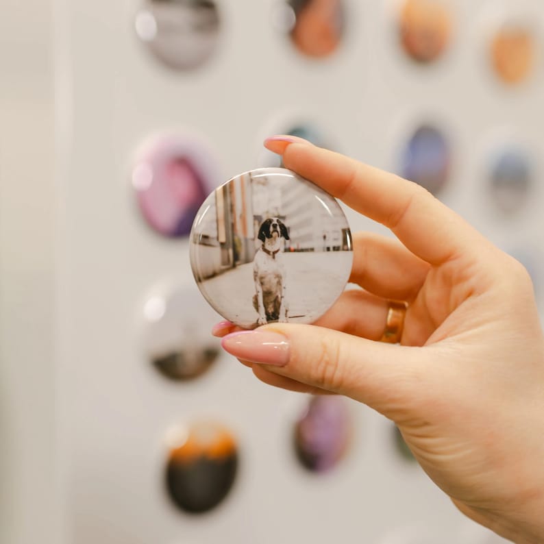A hand holding a small circular object with a photo of a dog on it, against a background of various other circular objects.