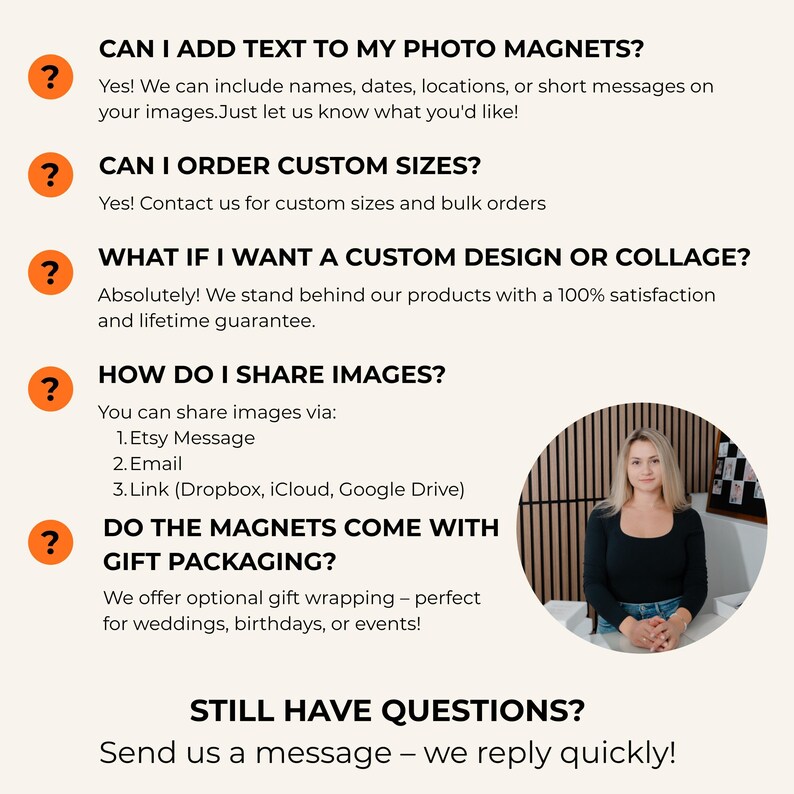 a woman sitting in front of a wooden wall, with a question about adding text to a photo magnet.