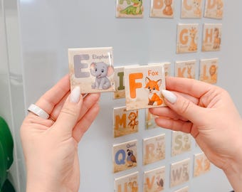 Alphabet Magnet Set: Square Button Magnets With Animals, Kids Learning Gift