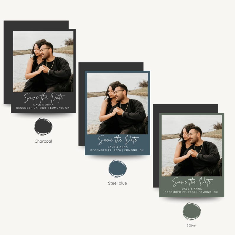 three different color swatches for a "Save the Date" card design. The swatches are charcoal, steel blue, and olive, each representing a different color scheme for the card.