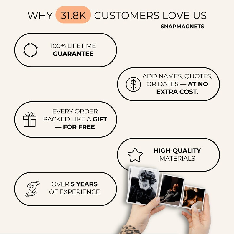 The image is a collage of text and images that explain why customers love Snap magnets. It features a hand holding a set of Snap magnets, and the text highlights the benefits of Snap magnets, such as their 100% lifetime guarantee, the ability to add names, quotes, or dates, and the free gift included with every order. The image also emphasizes the high-quality materials used in the magnets and the over 5 years of experience of the Snap magnet manufacturer.